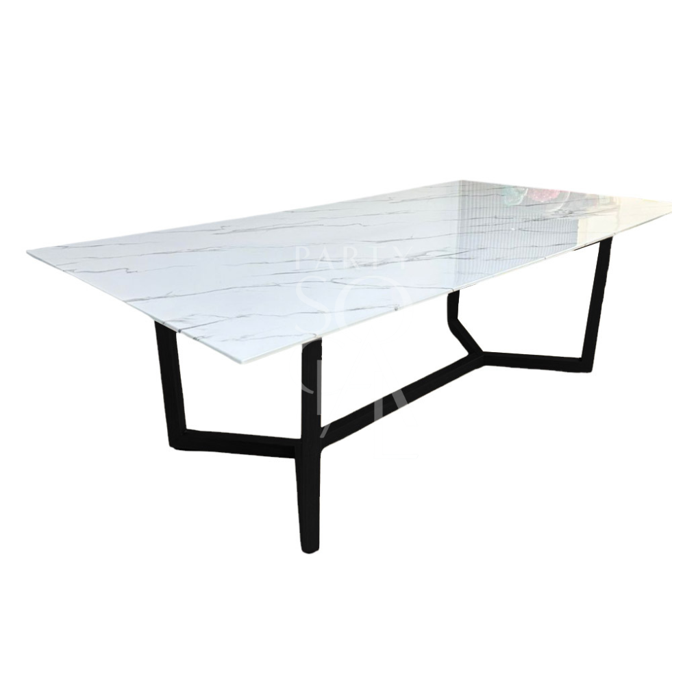 White marble table with black steel legs, suitable for corporate events or home functions. Perfect for parties and occasions from Party Social.
