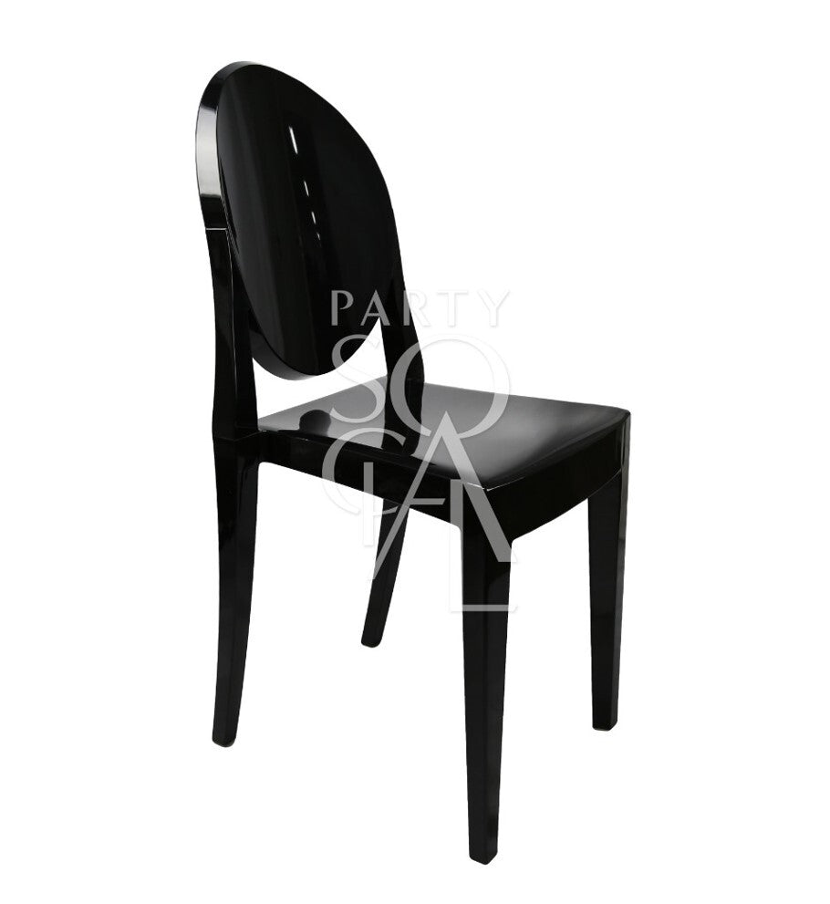 Ghost Chair W/O Arms (Victoria) - a sleek, black acrylic chair with a minimalist design, ideal for weddings and corporate events, offered by Party Social.