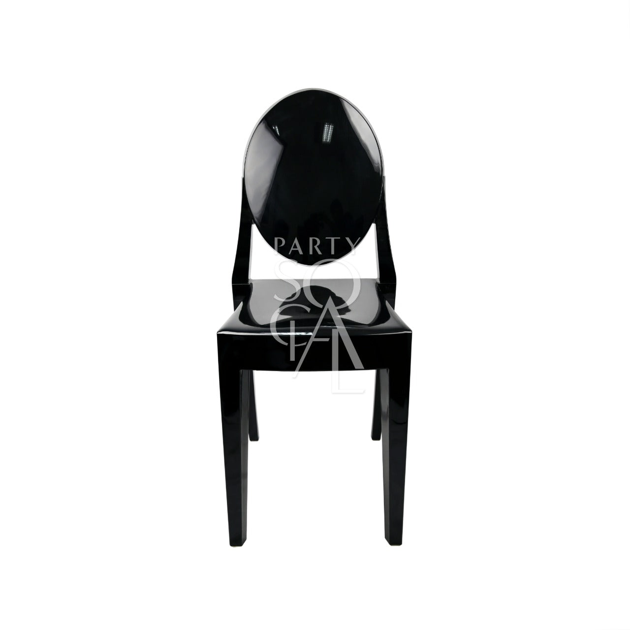 GHOST CHAIR W/O ARMS (VICTORIA): A sleek black plastic chair with a round back, ideal for weddings and corporate events, blending classic design with modern style.