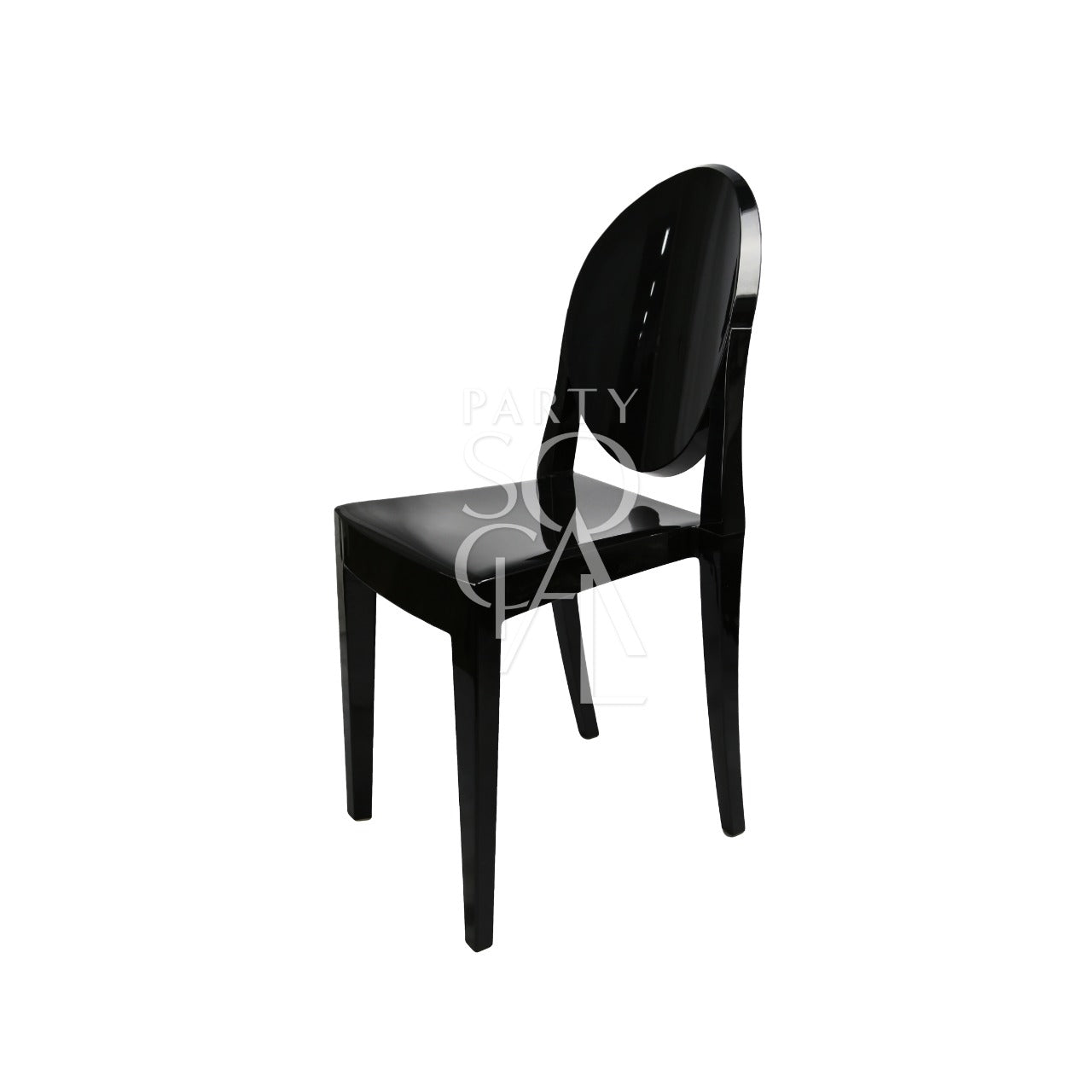 Ghost Chair W/O Arms (Victoria); a sleek, armless black acrylic chair with a backrest, ideal for weddings and corporate events, offering classic, versatile design.