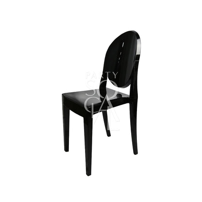 Ghost Chair W/O Arms (Victoria); a sleek, armless black acrylic chair with a backrest, ideal for weddings and corporate events, offering classic, versatile design.