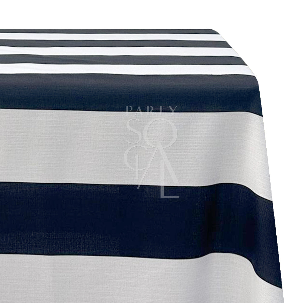 WIDE STRIPES RECTANGULAR TABLECLOTH in black and white polylinen, ideal for elegant dining setups. Available for pre-order at Party Social.