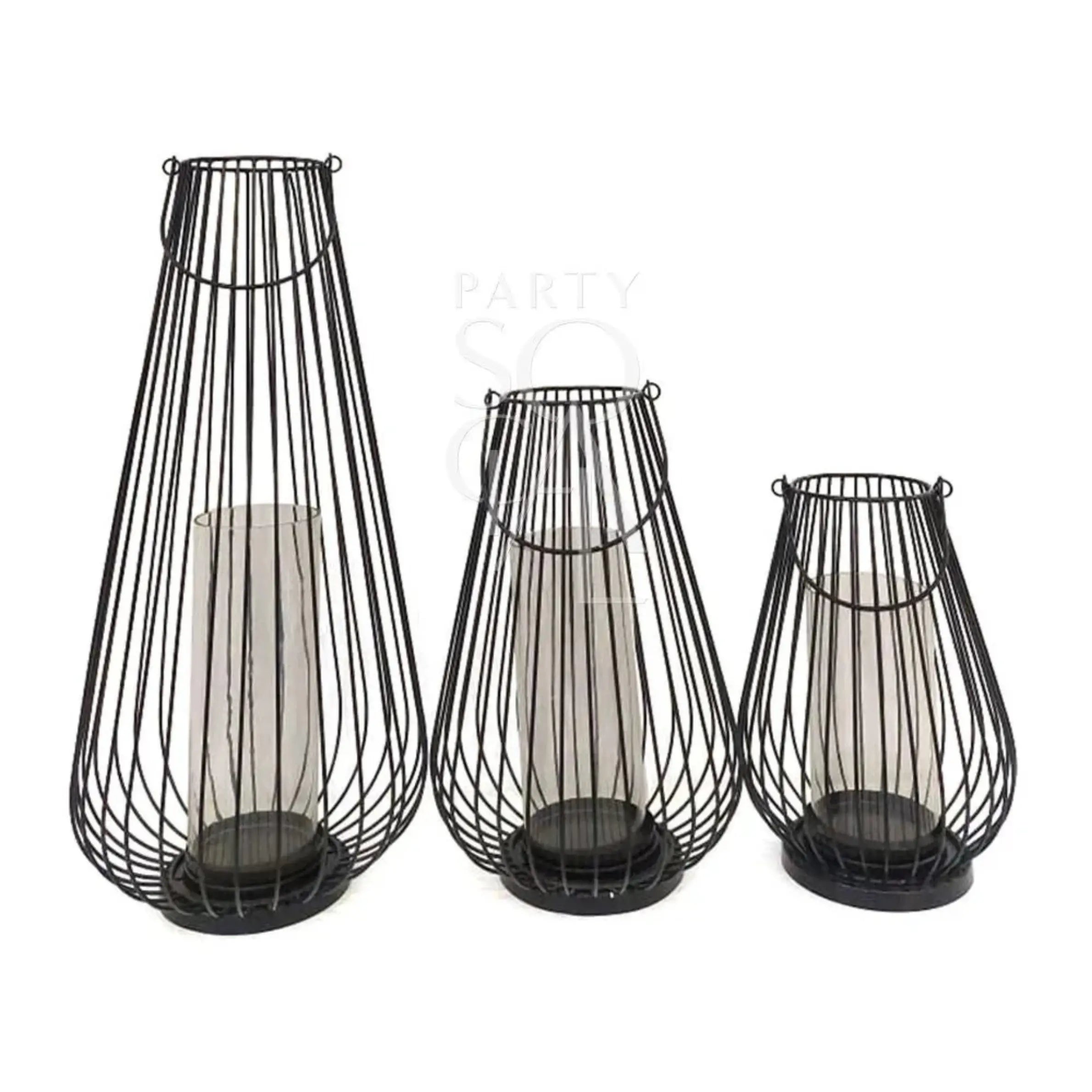 Black Wire Lanterns in metal baskets, displayed in various sizes, designed for indoor party decor. Candles not included.