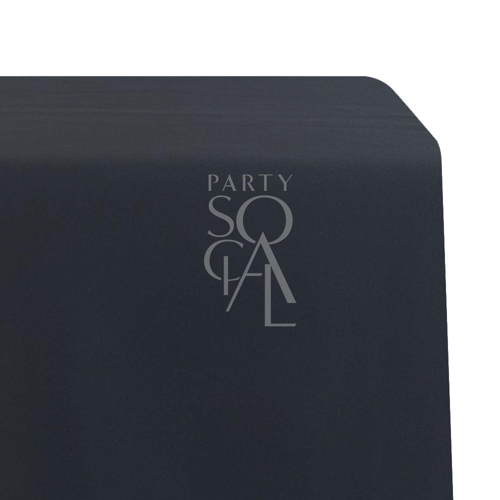 Rectangular Tablecloth Satin featuring a black satin finish with a logo, ideal for special occasions and events.