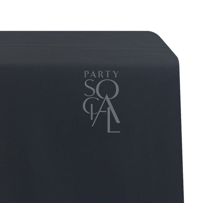 Rectangular Tablecloth Satin featuring a black satin finish with a logo, ideal for special occasions and events.