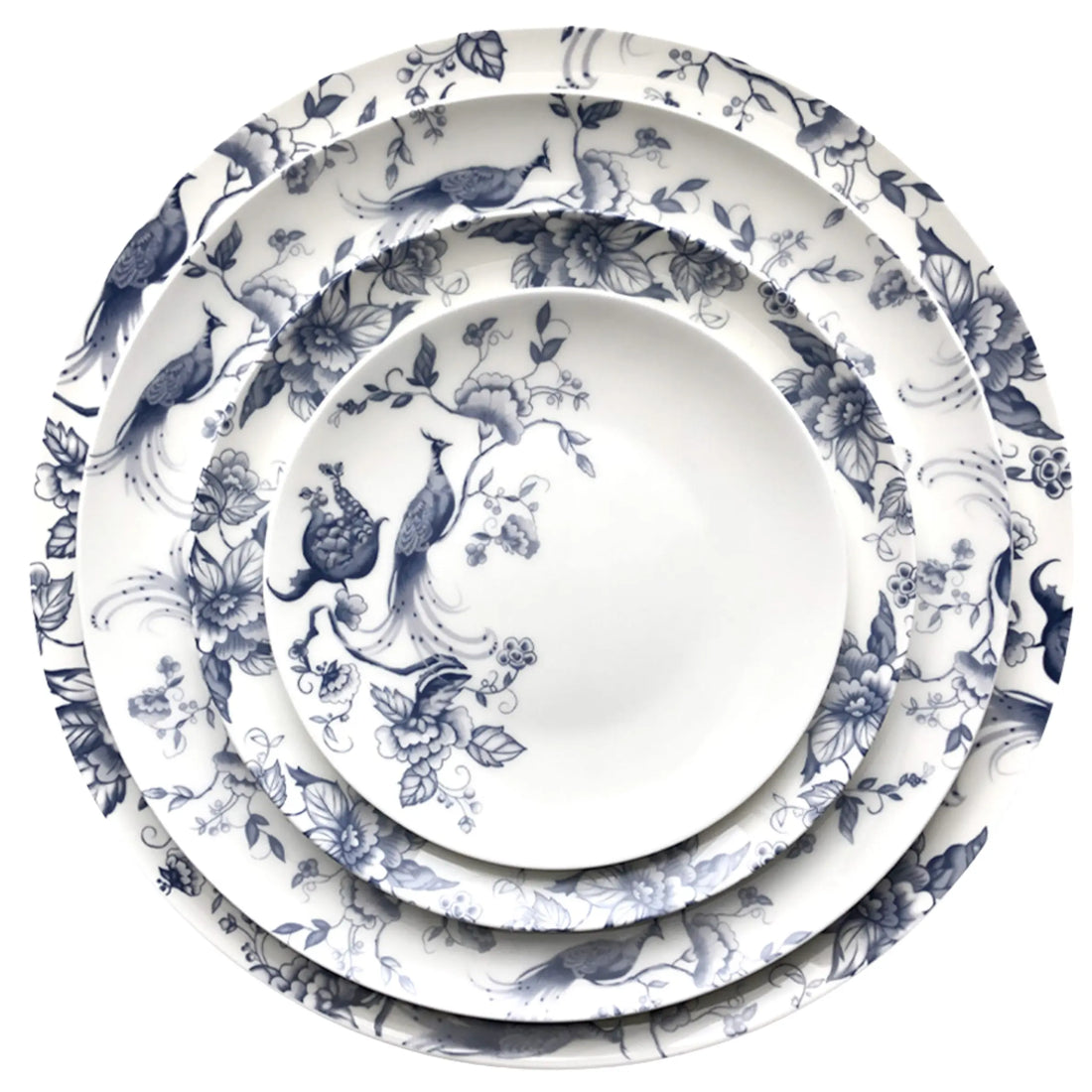 Blue Peacock Collection: A set of stacked ceramic plates with blue floral and bird motifs, perfect for adding sophistication to any dining event.