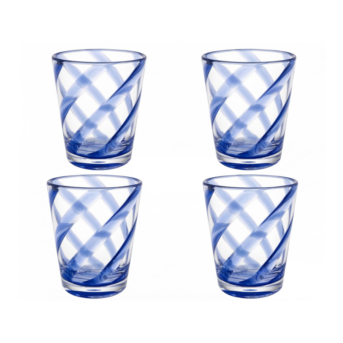 Set of 4 Blue Spiral Colored Acrylic Glasses with decorative blue swirl design, perfect for stylish and practical everyday use, ideal for indoor and outdoor gatherings.