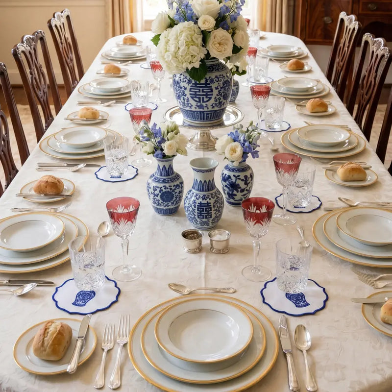 Blue Chinoiserie Pure Linen Coaster- 4 per pack