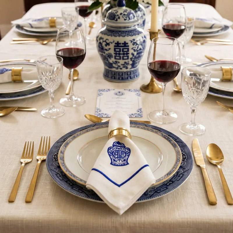Blue Chinoiserie Pure Linen Dinner Napkin - Set of 4