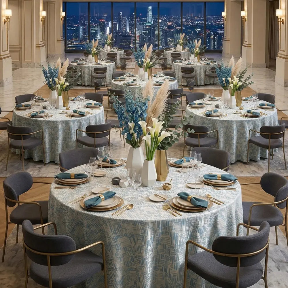 Blue Mosaic Round Tablecloth drapes elegantly over tables at an upscale event, showcasing its geometric blue tile pattern amidst a sophisticated dinner setup.