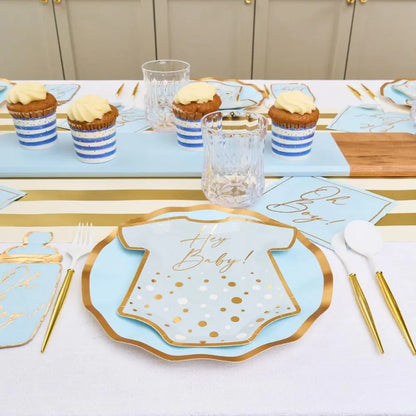 Table featuring Everyday Sky Blue Guest Towel Napkins amidst a baby shower setup with onesie-shaped plates and gold-handled cutlery, embodying Party Social&