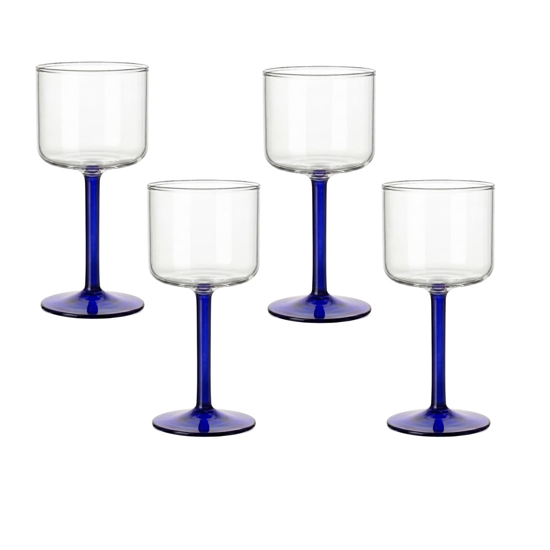 Yellow Stemmed Glass- 4 per box, featuring clear goblet bowls on striking blue stems, ideal for enhancing any event with a touch of elegance.