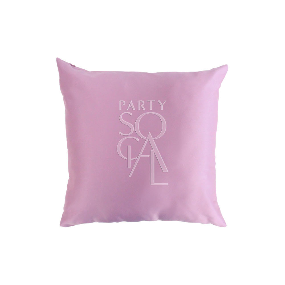 CUSHION COVER SATIN: A premium pink satin pillow with a logo, ideal for adding elegance to party decor. Available in various sizes.