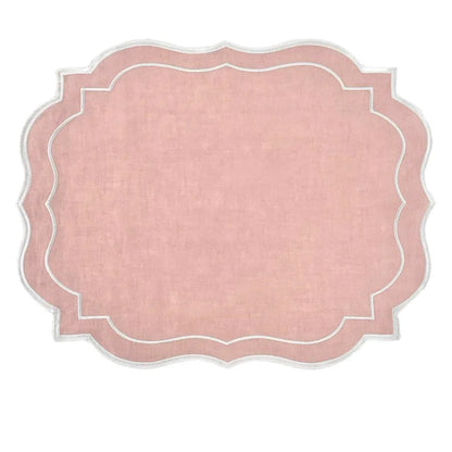 Blush Pink Scalloped Linen Placemats - Set of 4, featuring elegant scalloped edges with white embroidery, ideal for enhancing table settings at parties and events.