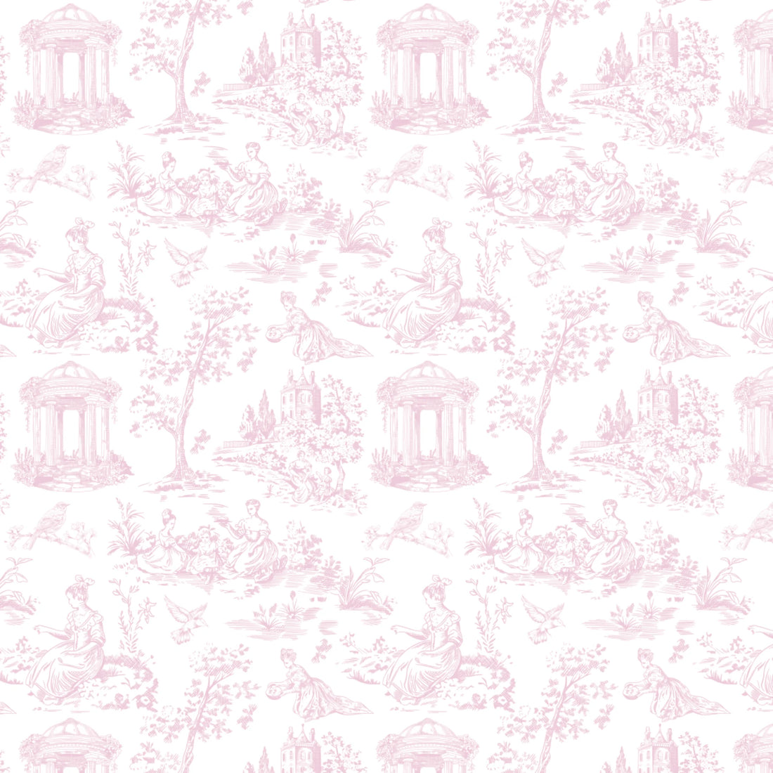 A repeating toile-style pattern in pale pink on a white background, featuring classical figures, trees, columns, and garden scenes.