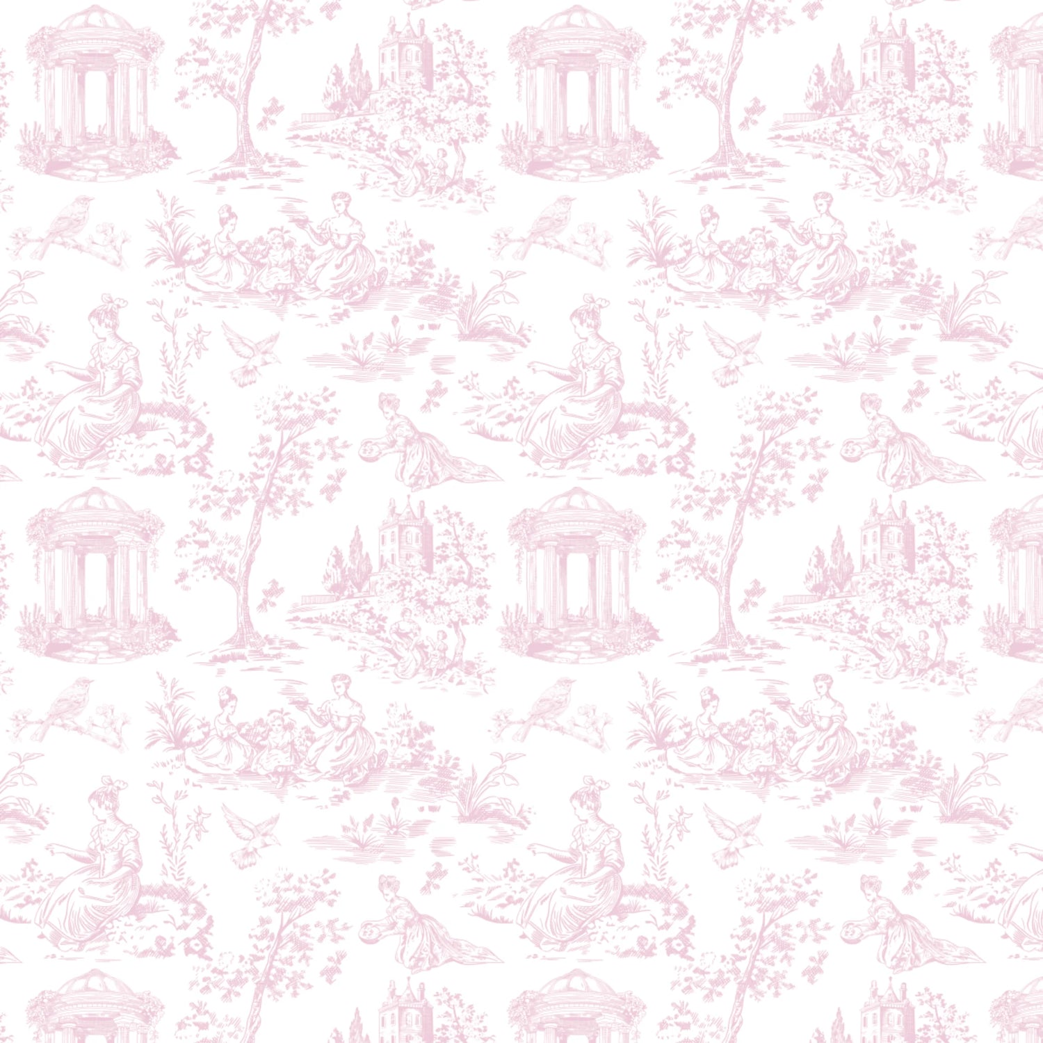 A repeating toile-style pattern in pale pink on a white background, featuring classical figures, trees, columns, and garden scenes.