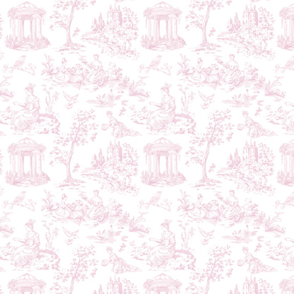 A repeating toile-style pattern in pale pink on a white background, featuring classical figures, trees, columns, and garden scenes.