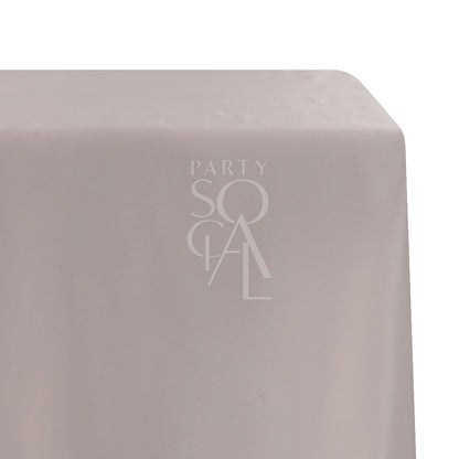 Rectangular Tablecloth Satin featuring a logo, ideal for special occasions. Premium satin finish enhances elegance, suitable for events by Party Social.