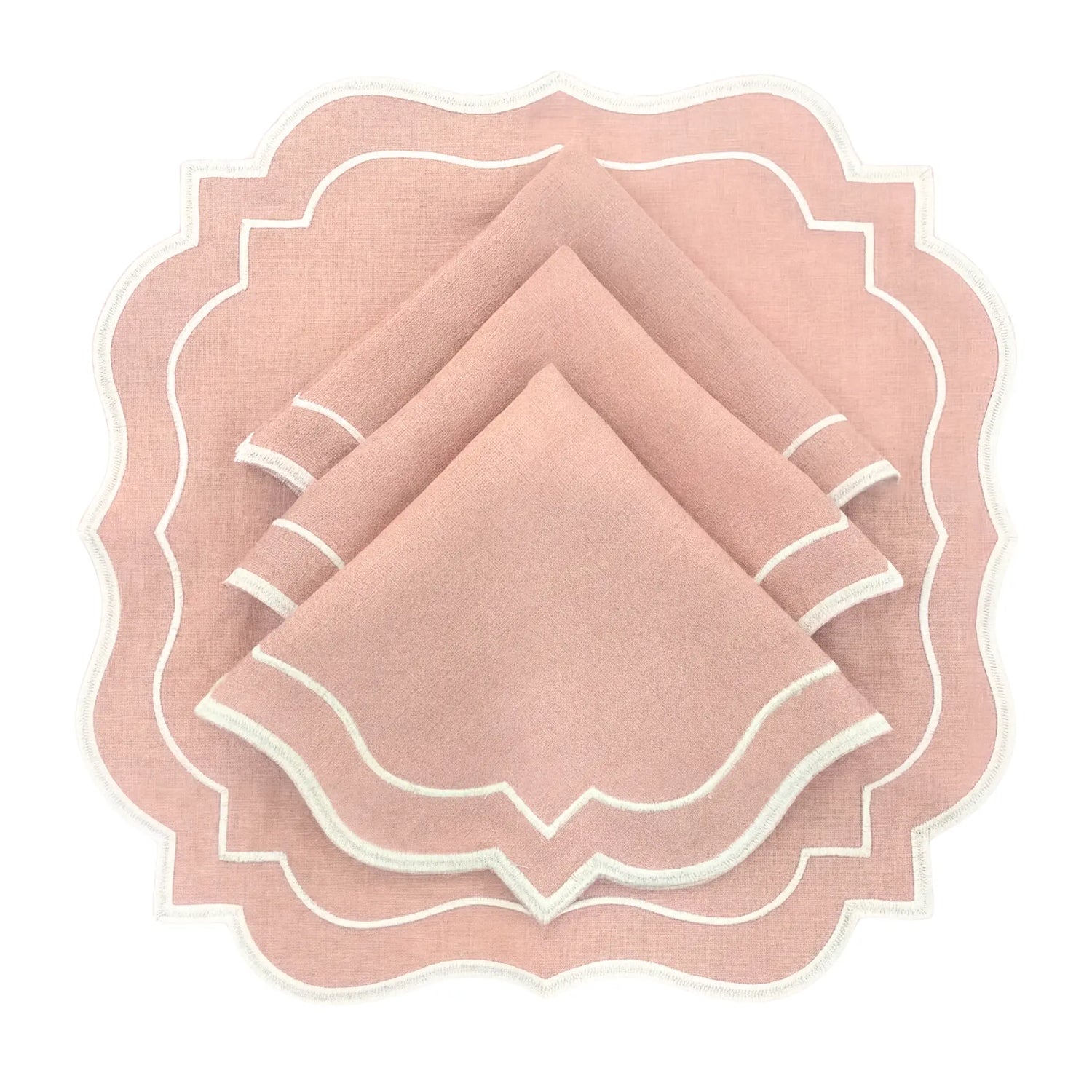 Blush Pink Scalloped Linen Napkins - Set of 4, featuring soft pink linen with scalloped edges and white stitching, perfect for elegant table settings.