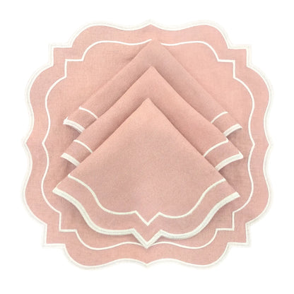 Blush Pink Scalloped Linen Napkins - Set of 4, featuring soft pink linen with scalloped edges and white stitching, perfect for elegant table settings.
