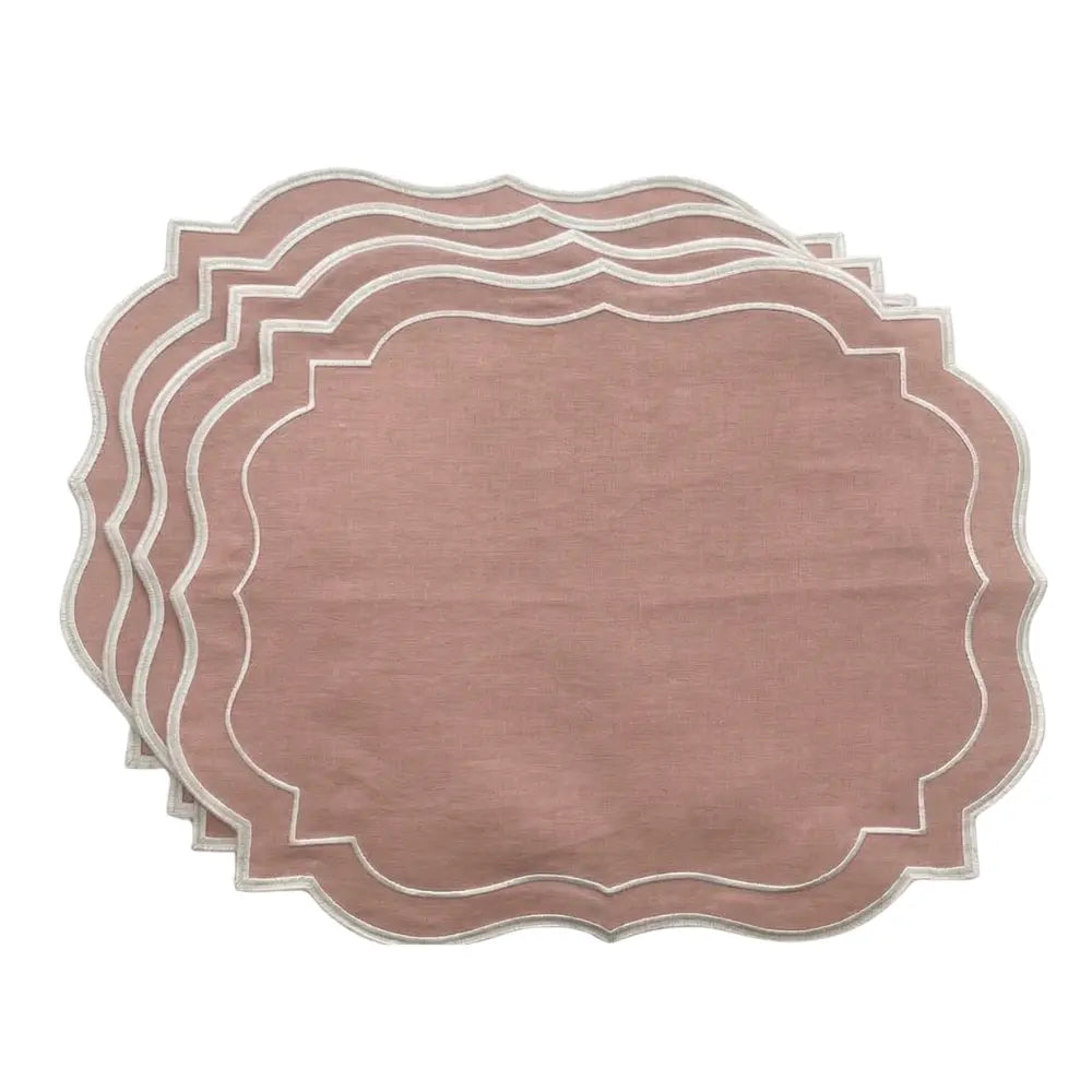 Blush Pink Scalloped Linen Placemats - Set of 4, featuring scalloped edges with white embroidery, perfect for elegant table settings at events and special occasions.