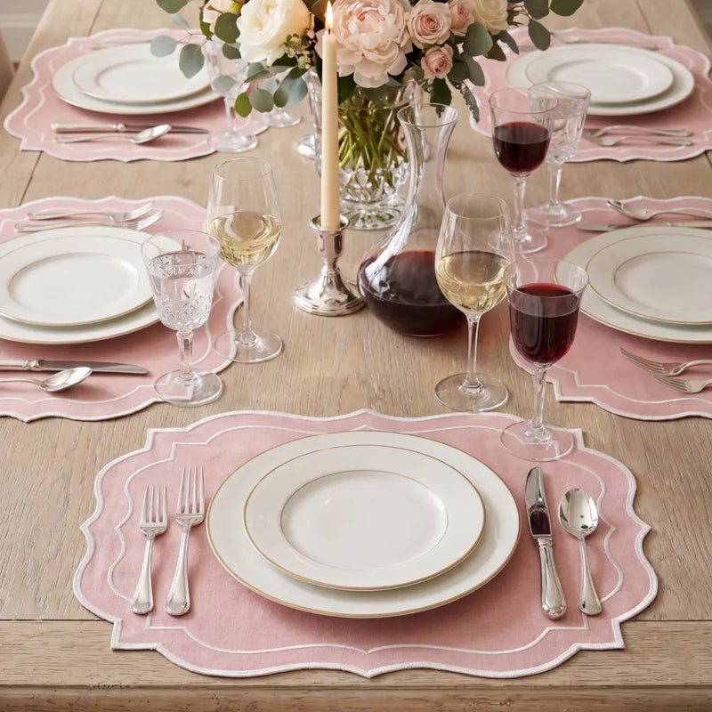 Blush Pink Scalloped Linen Placemats - Set of 4