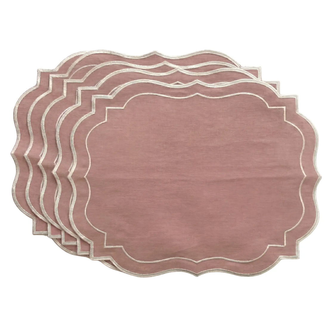 Blush Pink Scalloped Linen Placemats - Set of 4, featuring scalloped edges with white embroidery, perfect for elegant table settings at events and special occasions.
