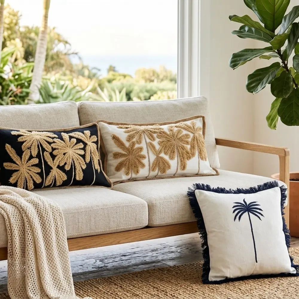 Beige sofa with decorative Palm Tree linen cushions