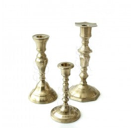 BRASS CANDLESTICKS SET OF 3 in matte finish, ideal for events, includes small, medium, and large sizes, perfect for enhancing rustic or premium settings.