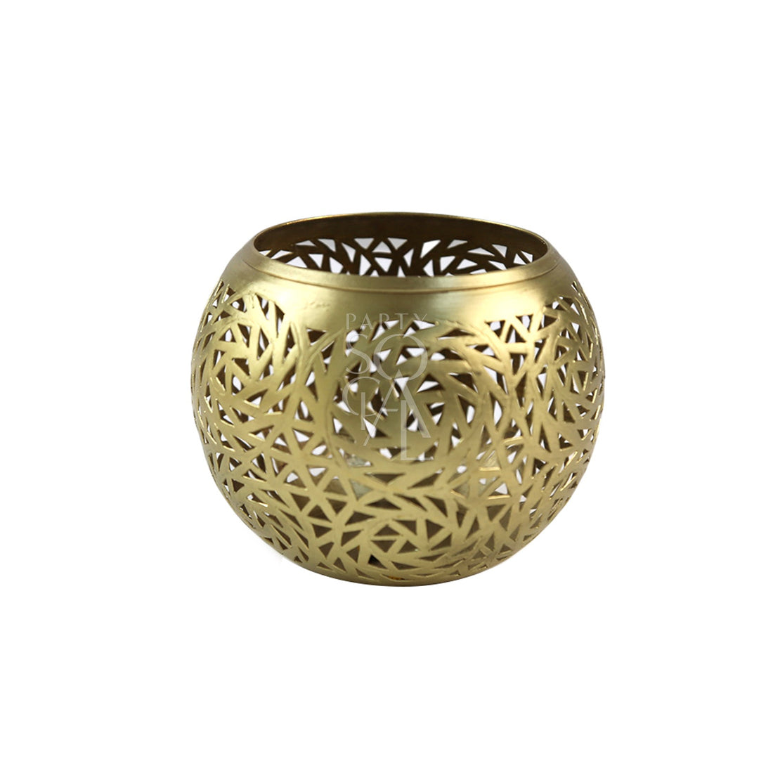 Brass Round Holder featuring intricate patterns, ideal as an elegant centerpiece for dining setups, available at Party Social for event enhancements.