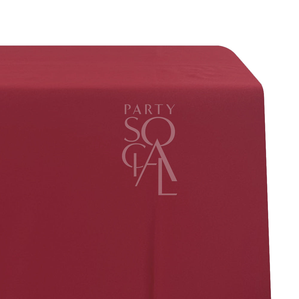 Rectangular satin tablecloth featuring a logo, ideal for special occasions. Available in multiple colors, perfect for enhancing event decor.