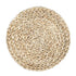 CANE PLACEMAT: Round, braided tabletop mat made from natural fibers, featuring a rustic, concentric weave. Ideal for enhancing any table setting. 38cm diameter.