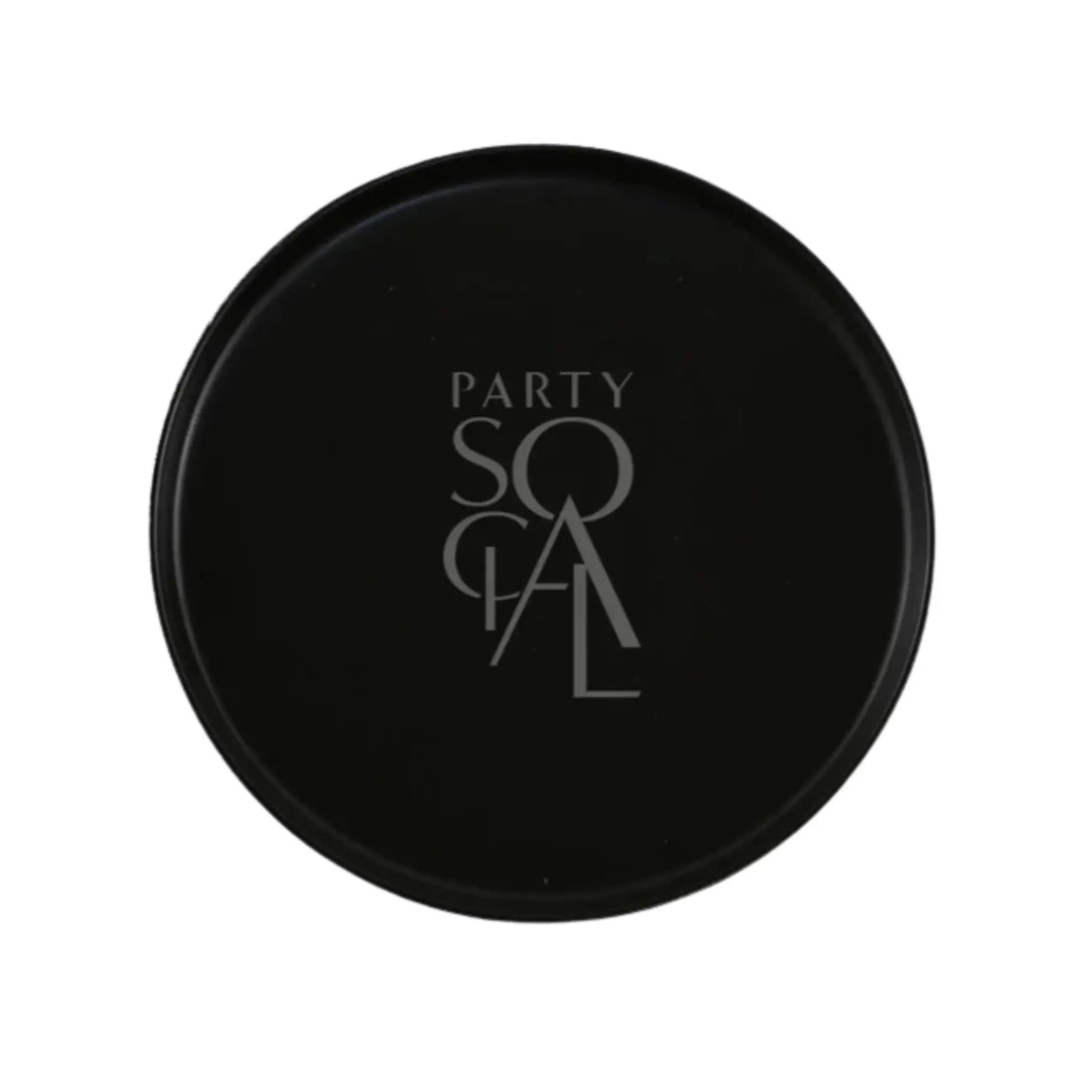CERAMIC PLATES - BLACK: Matte-black ceramic plate featuring PARTY SOCIAL in a stylized font, ideal for enhancing elegant settings. Various sizes available for different occasions.