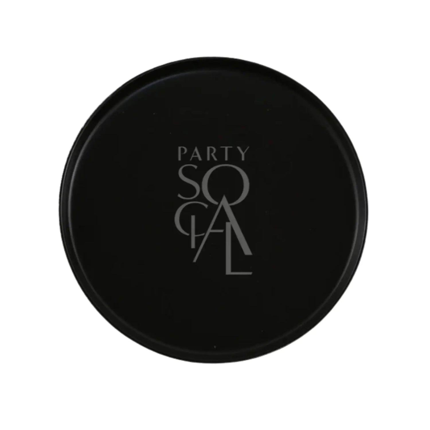 CERAMIC PLATES - BLACK: Matte-black ceramic plate featuring PARTY SOCIAL in a stylized font, ideal for enhancing elegant settings. Various sizes available for different occasions.