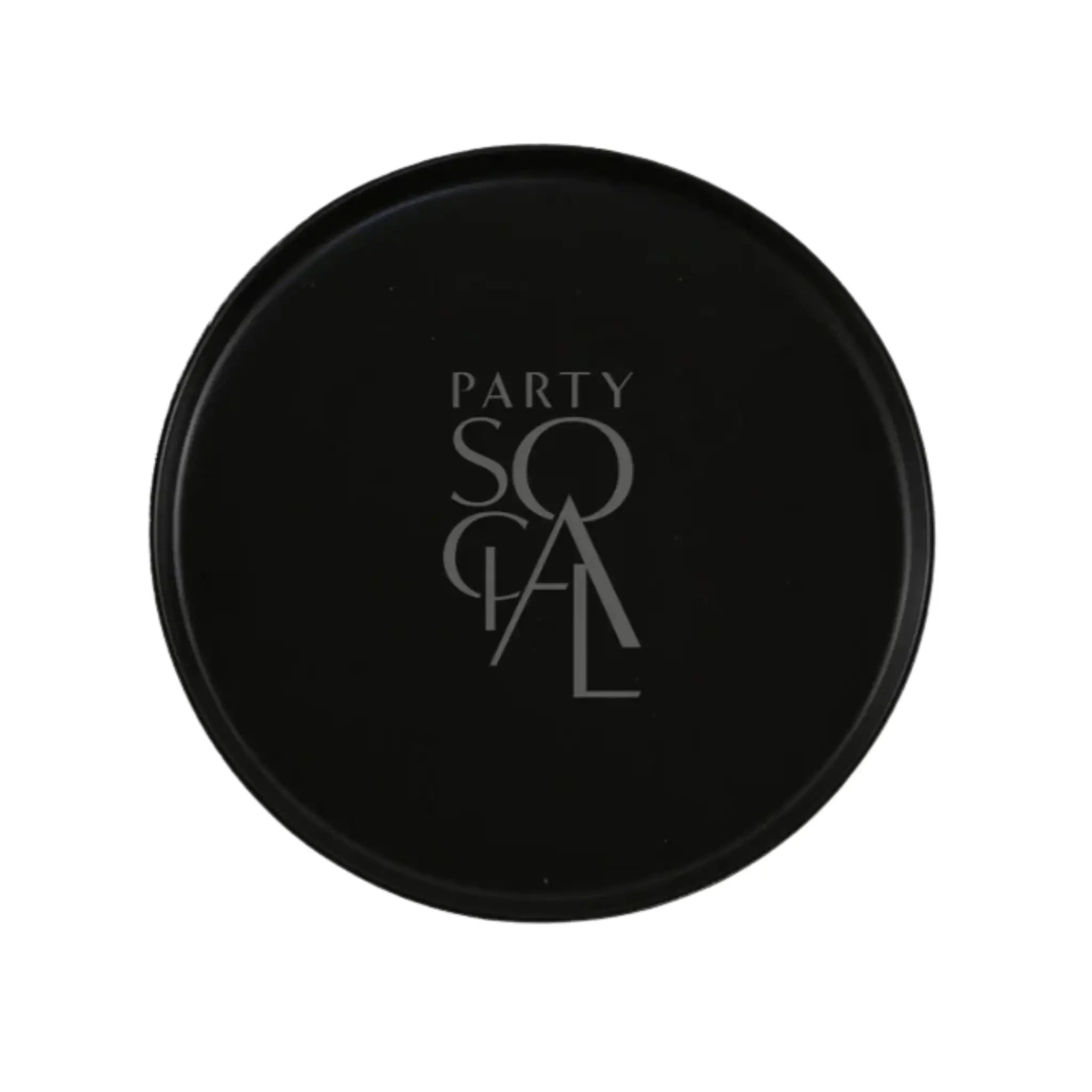 CERAMIC PLATES - BLACK: Matte-black ceramic plate featuring PARTY SOCIAL in a stylized font, ideal for enhancing elegant settings. Various sizes available for different occasions.