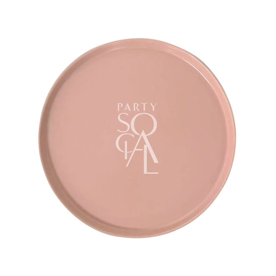 CERAMIC PLATES - PINK: A blush-pink serving tray with PARTY SOCIAL logo, ideal for entertaining, showcasing its glossy, refined design for parties and events.