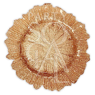 CHARGER PLATE - GOLD STARBURST: A close-up of an elegant gold starburst-patterned glass charger plate, ideal for enhancing table settings at events and special occasions.