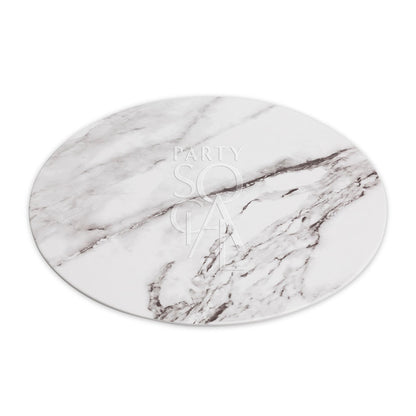 Charger Plate - Marble Tray features a white marble design with black veins, ideal for elegant event serving. Measures 33cm in diameter.