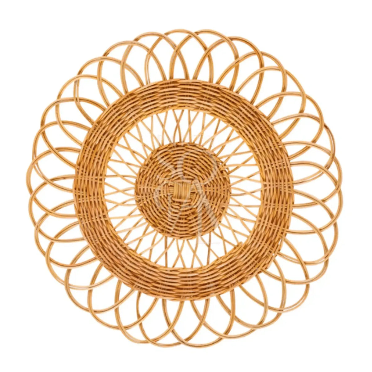 CHARGER PLATE-RATTAN WIRE: A round, woven rattan charger with concentric weaves and a loop-pattern border, adding rustic elegance to any tablescape.