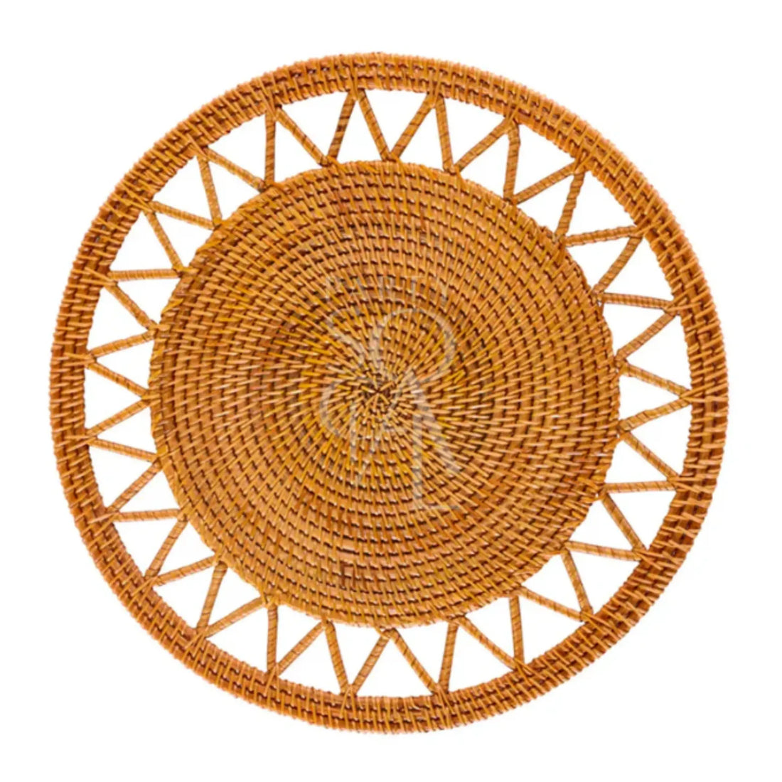 CHARGER PLATE-RATTAN WOVEN: Round, woven rattan placemat adds rustic elegance, ideal for enhancing table settings at casual gatherings or elegant events.