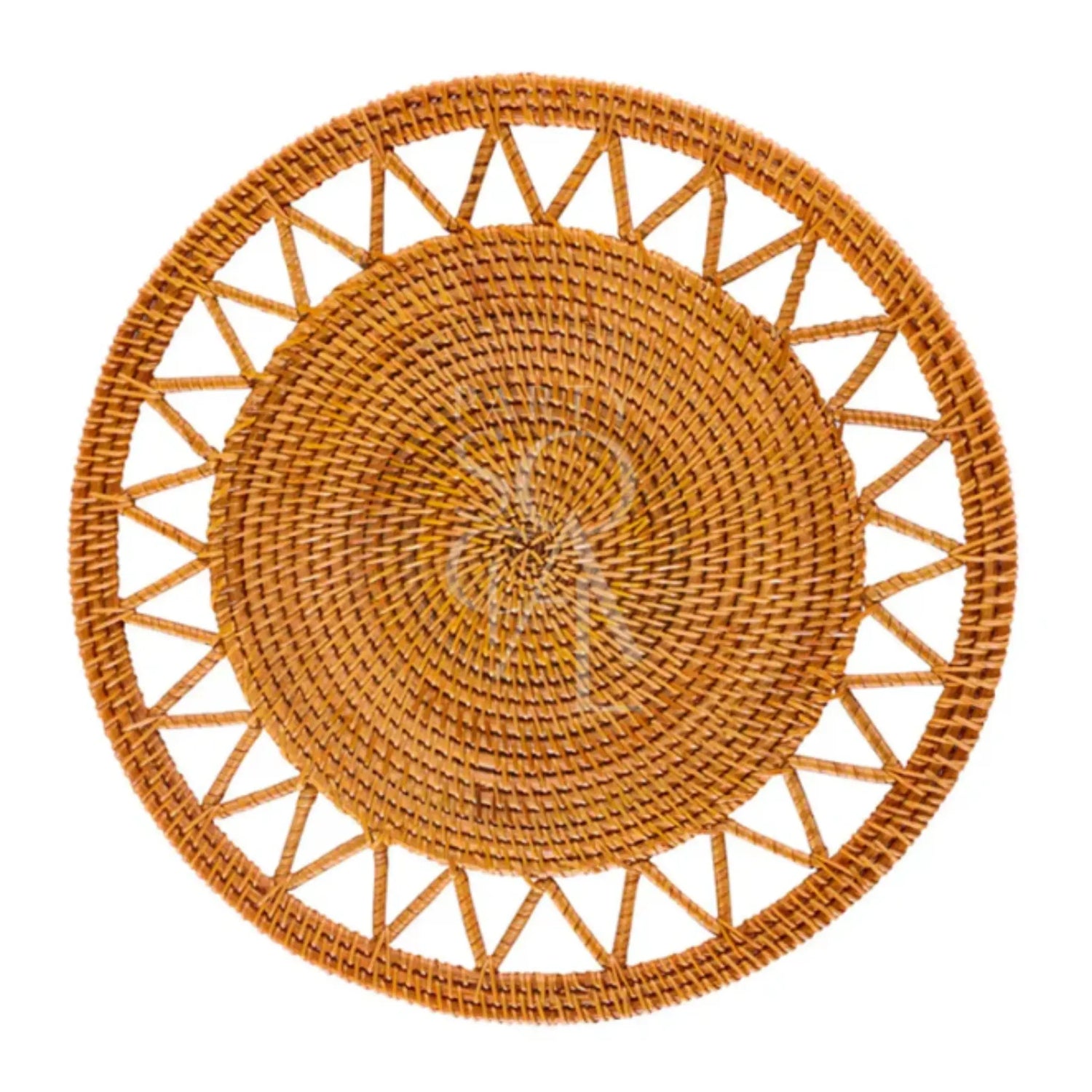 CHARGER PLATE-RATTAN WOVEN: Round, woven rattan placemat adds rustic elegance, ideal for enhancing table settings at casual gatherings or elegant events.