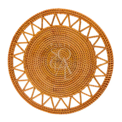 CHARGER PLATE-RATTAN WOVEN: Round, woven rattan placemat adds rustic elegance, ideal for enhancing table settings at casual gatherings or elegant events.