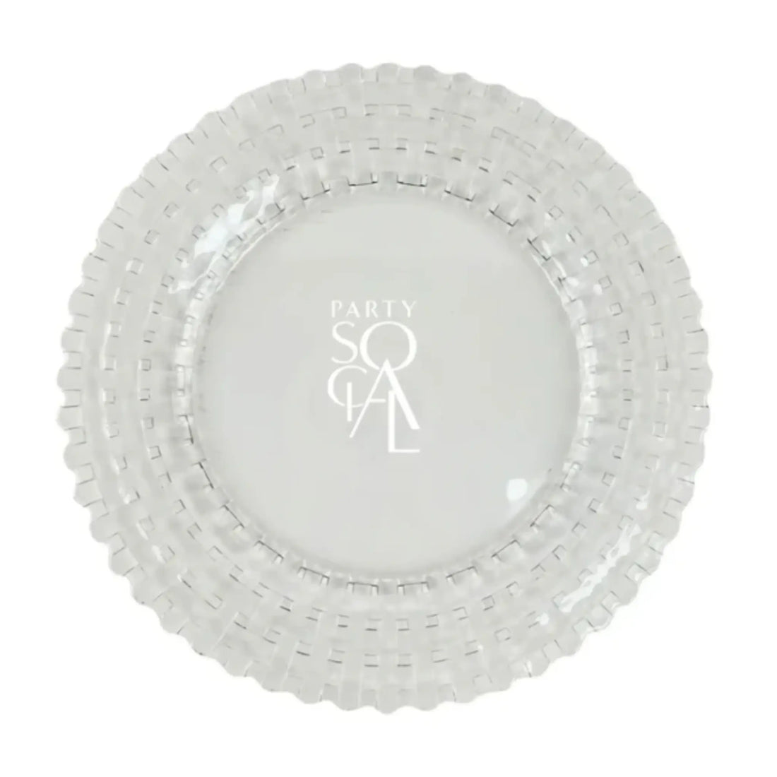 CHARGER PLATE- CLEAR BASKET WEAVE with a textured rim and PARTY SOCIAL  print, ideal for elegant and sophisticated table settings. Diameter: 33cm.