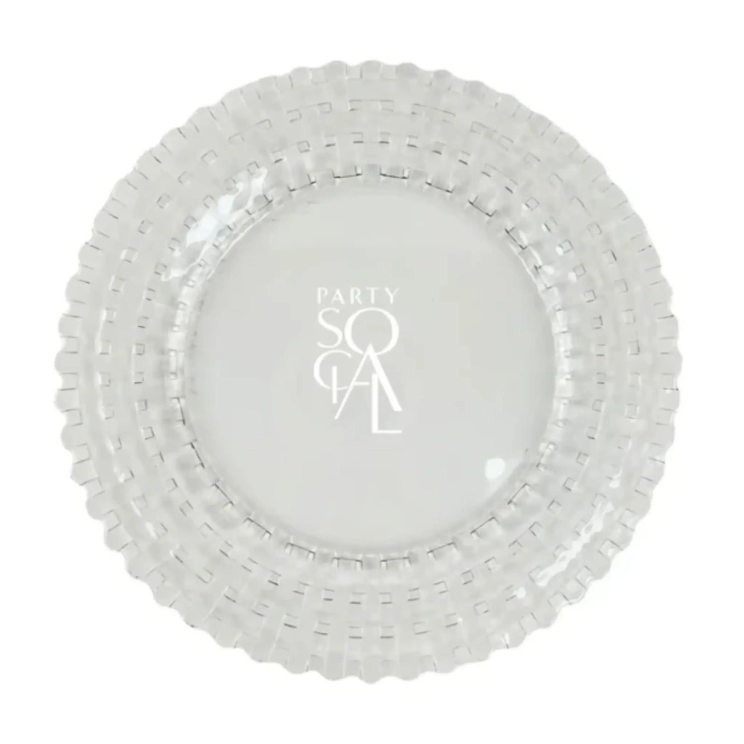 CHARGER PLATE- CLEAR BASKET WEAVE with a textured rim and PARTY SOCIAL  print, ideal for elegant and sophisticated table settings. Diameter: 33cm.