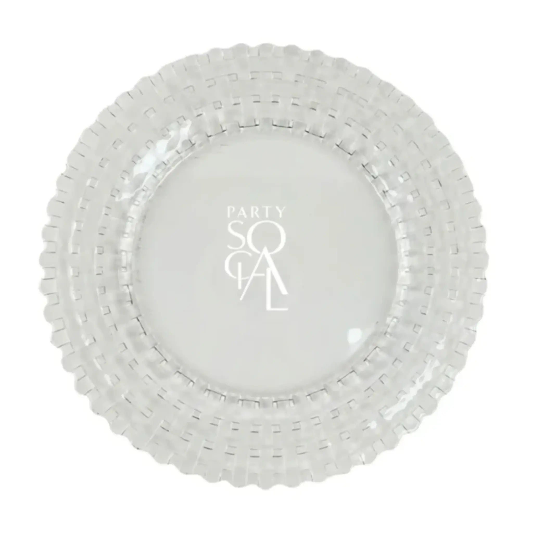 CHARGER PLATE- CLEAR BASKET WEAVE with a textured rim and PARTY SOCIAL  print, ideal for elegant and sophisticated table settings. Diameter: 33cm.