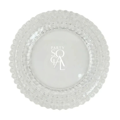 CHARGER PLATE- CLEAR BASKET WEAVE with a textured rim and PARTY SOCIAL  print, ideal for elegant and sophisticated table settings. Diameter: 33cm.