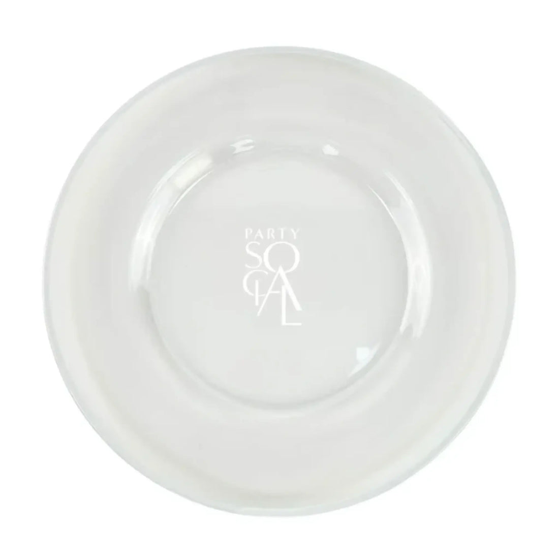 Clear plastic charger plate with a white rim and PARTY SOCAL logo, ideal for elegant dining and special events, from Party Social.