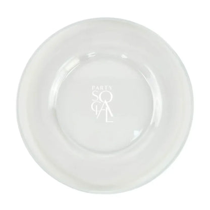 Clear plastic charger plate with a white rim and PARTY SOCAL logo, ideal for elegant dining and special events, from Party Social.