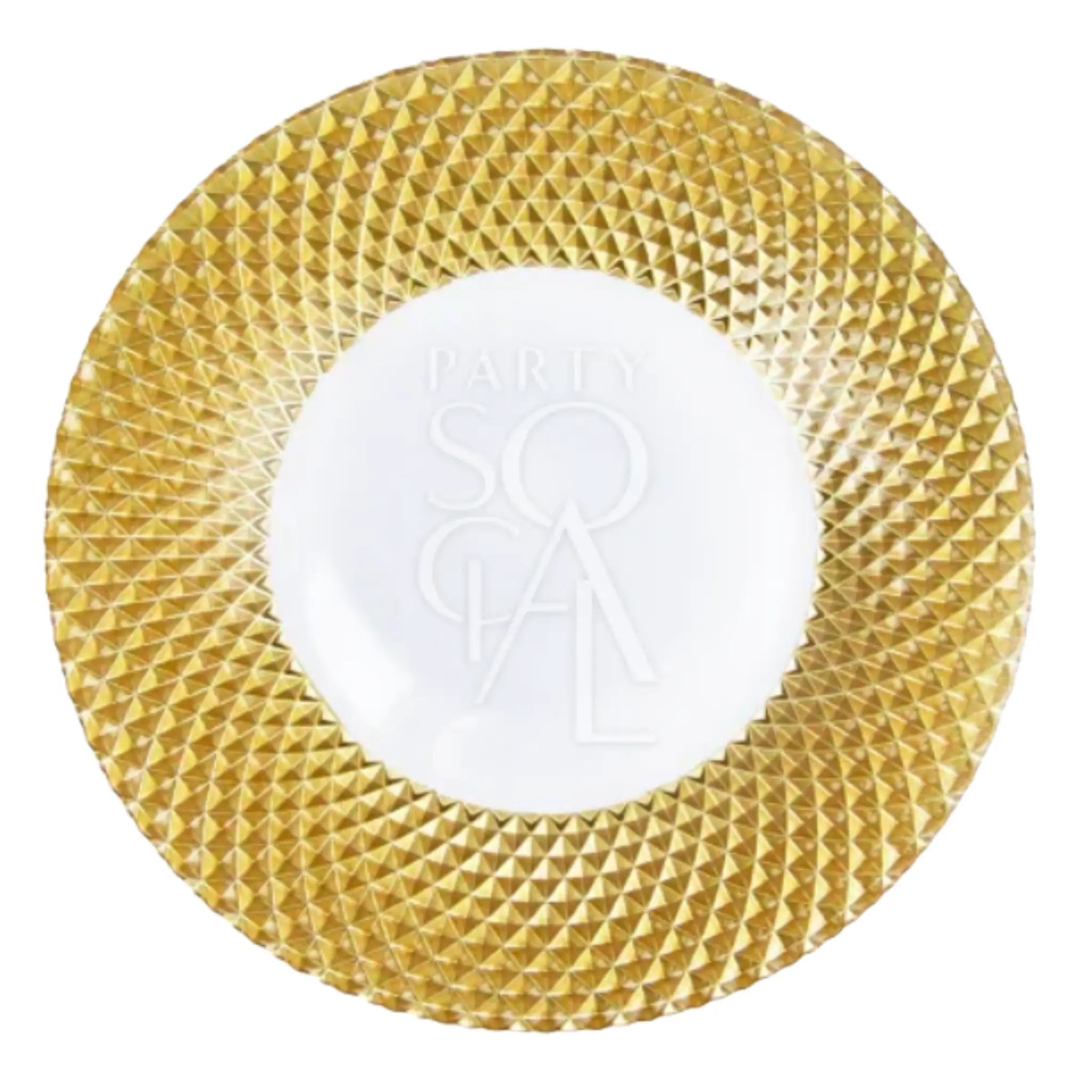 CHARGER PLATE- GOLD BASKET WEAVE: A sophisticated round plate with a glossy white center and textured metallic-gold basket weave border, ideal for elegant table settings.