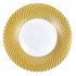 CHARGER PLATE- GOLD BASKET WEAVE: A sophisticated round plate with a glossy white center and textured metallic-gold basket weave border, ideal for elegant table settings.
